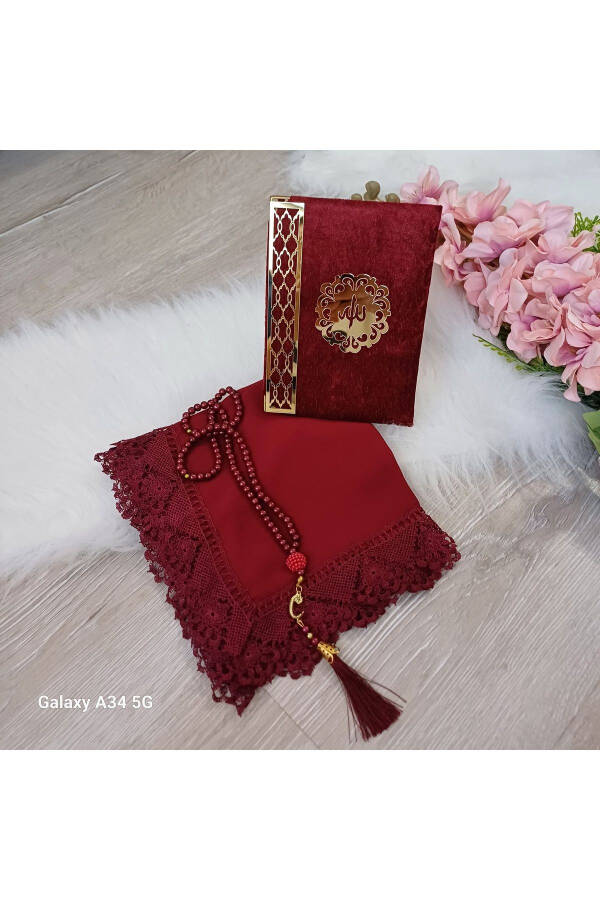 Burgundy Prayer Rug, Quran, Prayer Beads, Mawlid, Hajj, Umrah Gift - 2