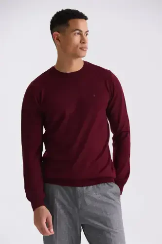 Burgundy Regular Fit Crew Neck Tricot Sweater - JAKAMEN (1)