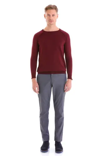 Burgundy Regular Fit Patterned Crew Neck Wool Knitwear - 4