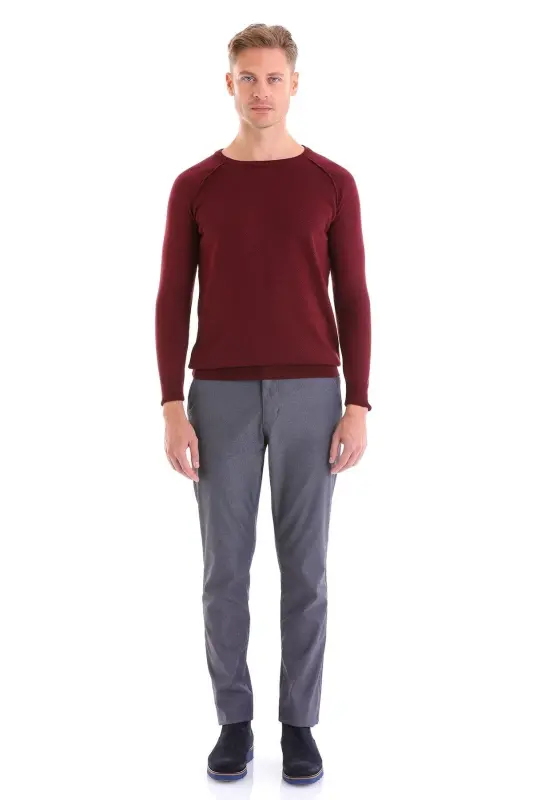 Burgundy Regular Fit Patterned Crew Neck Wool Knitwear - 4
