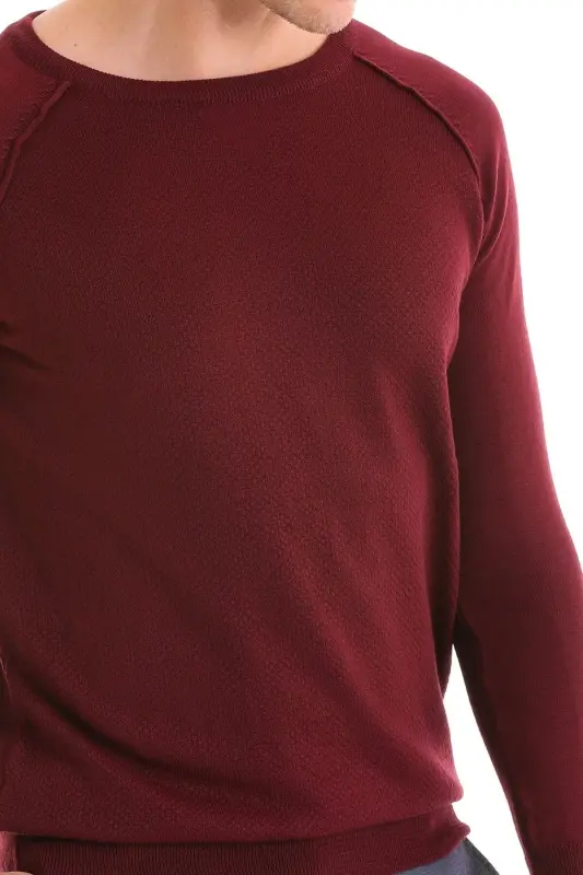 Burgundy Regular Fit Patterned Crew Neck Wool Knitwear - 5