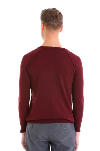 Burgundy Regular Fit Patterned Crew Neck Wool Knitwear - 6