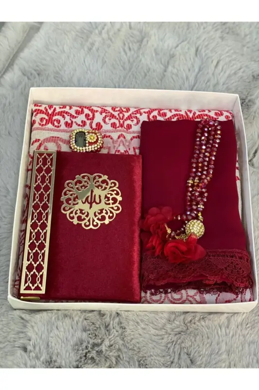 Burgundy Religious Gift, prayer rug Set, bride Bundle, gift-burgundy - 2
