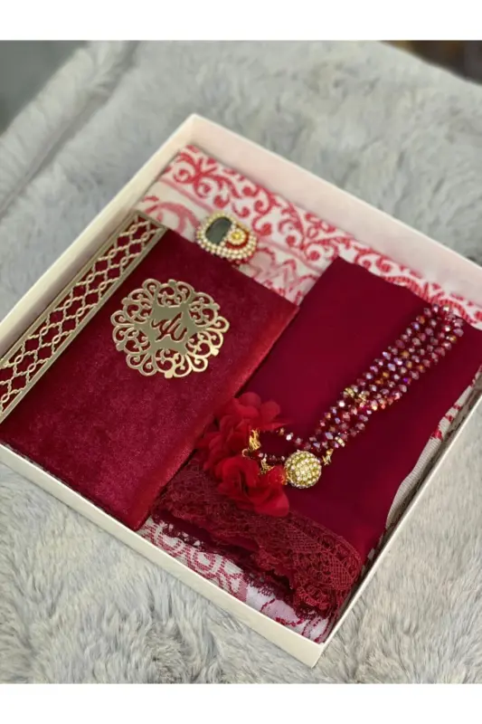 Burgundy Religious Gift, prayer rug Set, bride Bundle, gift-burgundy - 1