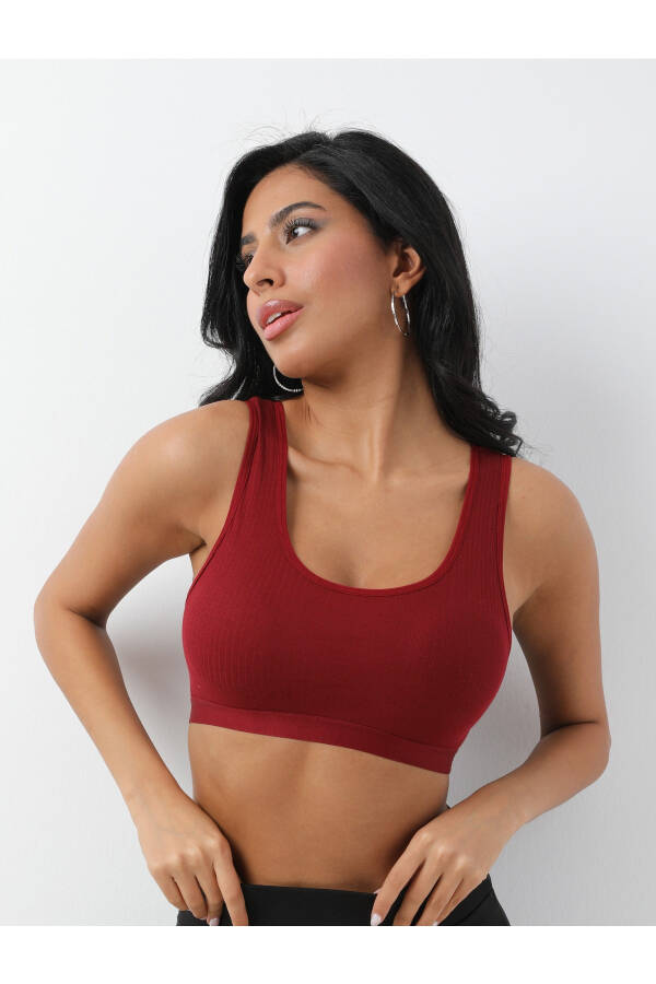 Burgundy Ribbed Thick Strapped Sports Bra - 1