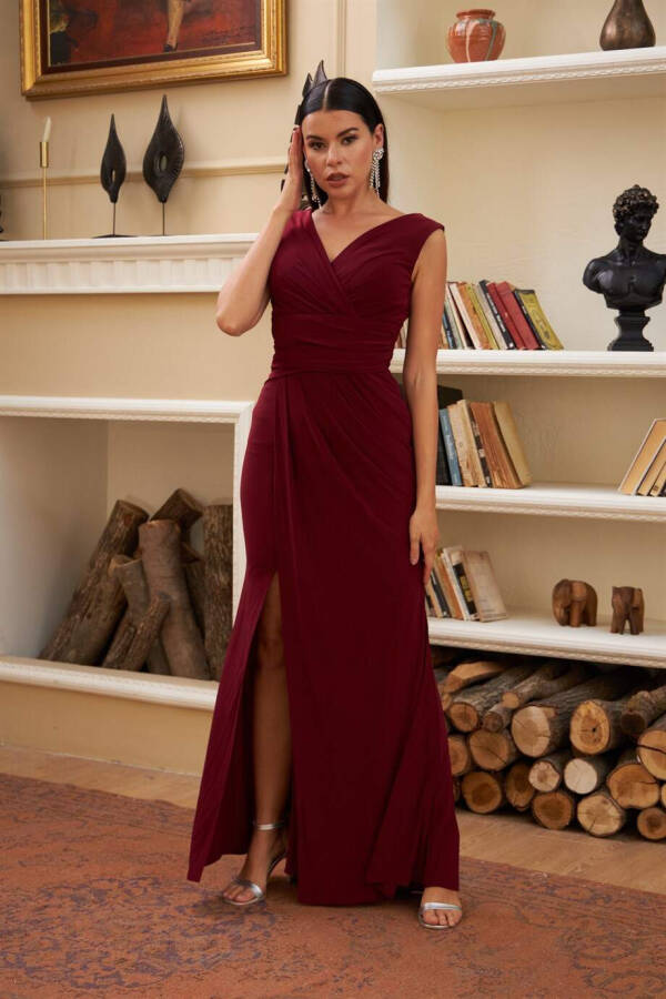 Burgundy Sandy Long Dress with Slit - 3