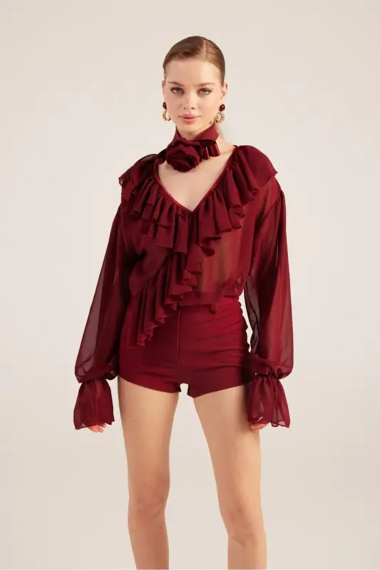 Burgundy Sassy Shirt with Frilled Rose Choker Accessory and Chiffon - 9