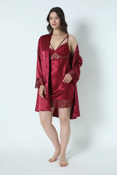 Burgundy Satin Nightgown Robe Pajama Set Short Set 6-Piece Bridal Trousseau Set 8670 - ALISSA