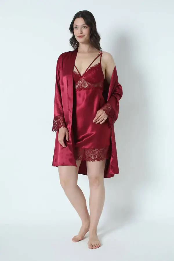Burgundy Satin Nightgown Robe Pajama Set Short Set 6-Piece Bridal Trousseau Set 8670 - 1