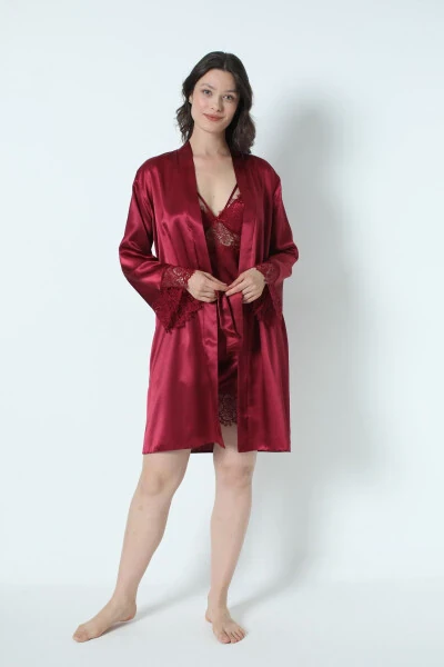 Burgundy Satin Nightgown Robe Pajama Set Short Set 6-Piece Bridal Trousseau Set 8670 - 3