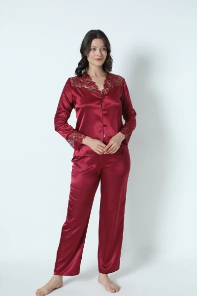 Burgundy Satin Nightgown Robe Pajama Set Short Set 6-Piece Bridal Trousseau Set 8670 - 7