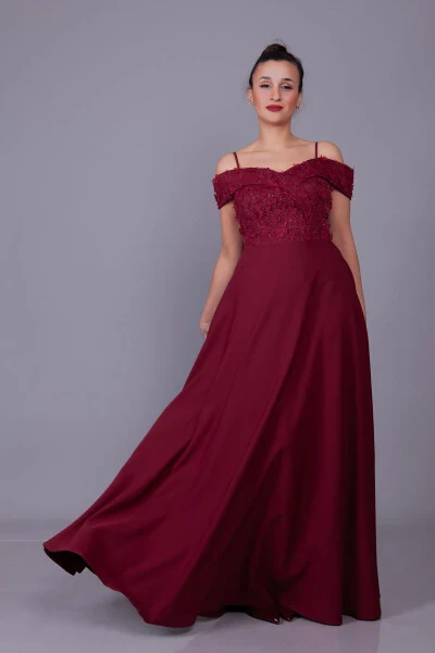Burgundy Sleeveless Off-Shoulder Floral Tulle Detail Maxi Length Flared Evening Dress - Modazone