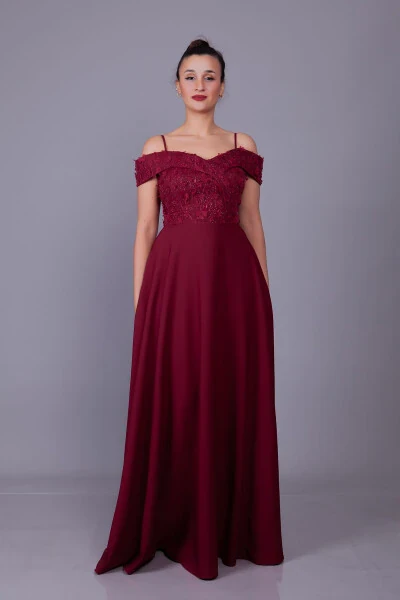 Burgundy Sleeveless Off-Shoulder Floral Tulle Detail Maxi Length Flared Evening Dress - Modazone (1)