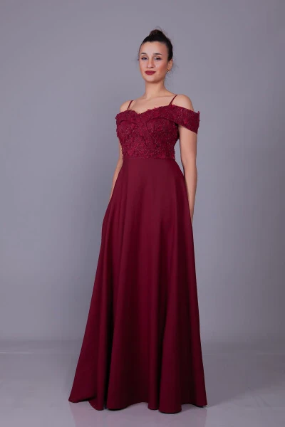 Burgundy Sleeveless Off-Shoulder Floral Tulle Detail Maxi Length Flared Evening Dress - 4