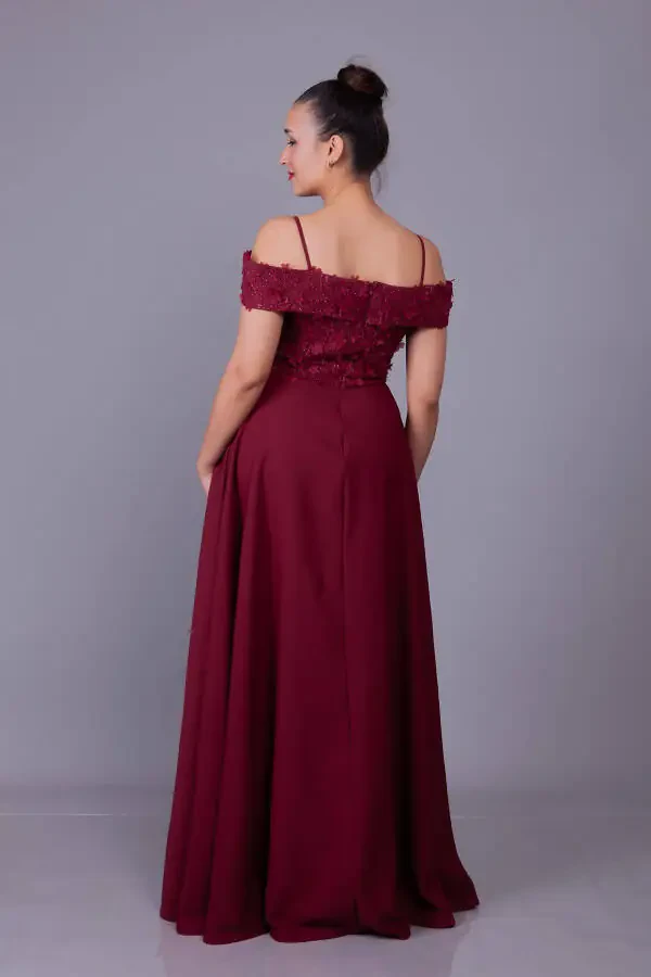 Burgundy Sleeveless Off-Shoulder Floral Tulle Detail Maxi Length Flared Evening Dress - 7