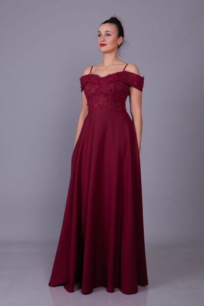 Burgundy Sleeveless Off-Shoulder Floral Tulle Detail Maxi Length Flared Evening Dress - 11