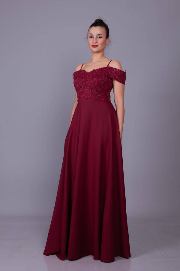Burgundy Sleeveless Off-Shoulder Floral Tulle Detail Maxi Length Flared Evening Dress - 12