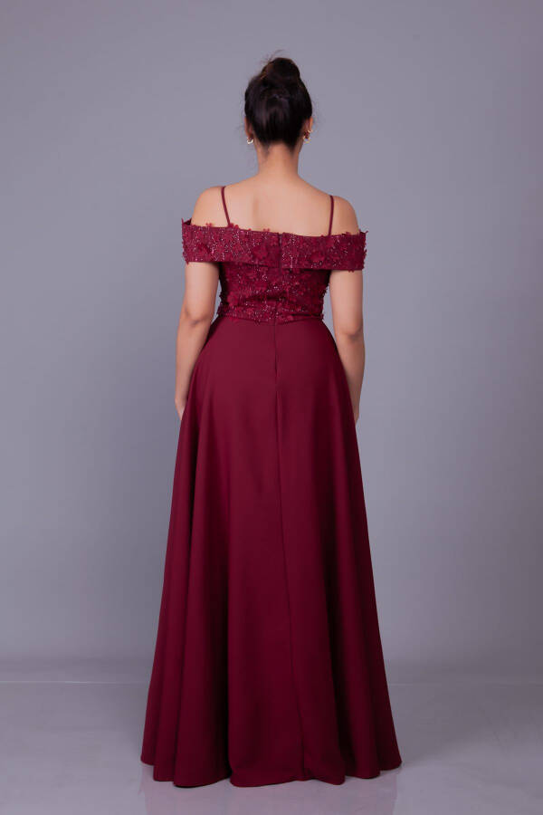 Burgundy Sleeveless Off-Shoulder Floral Tulle Detail Maxi Length Flared Evening Dress - 14