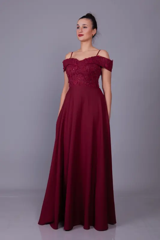 Burgundy Sleeveless Off-Shoulder Floral Tulle Detail Maxi Length Flared Evening Dress - 5