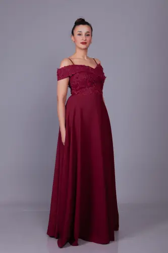 Burgundy Sleeveless Off-Shoulder Floral Tulle Detail Maxi Length Flared Evening Dress - 7