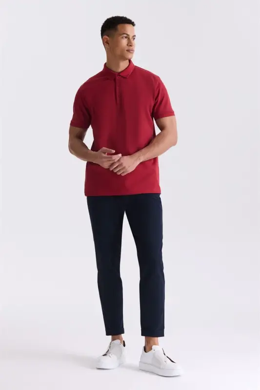 Burgundy Slim Fit 100% Cotton Mercerized Polo Neck T-shirt - 2