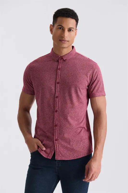 Burgundy Slim Fit Button-Down Collar T-Shirt - 1
