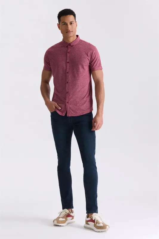 Burgundy Slim Fit Button-Down Collar T-Shirt - 2