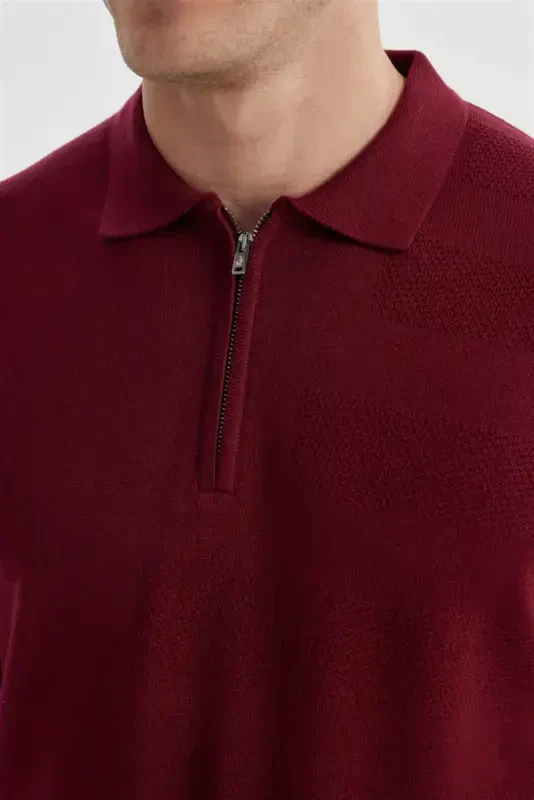 Burgundy Slim Fit Cotton Patterned Zippered Polo Neck Knit Sweater - 3