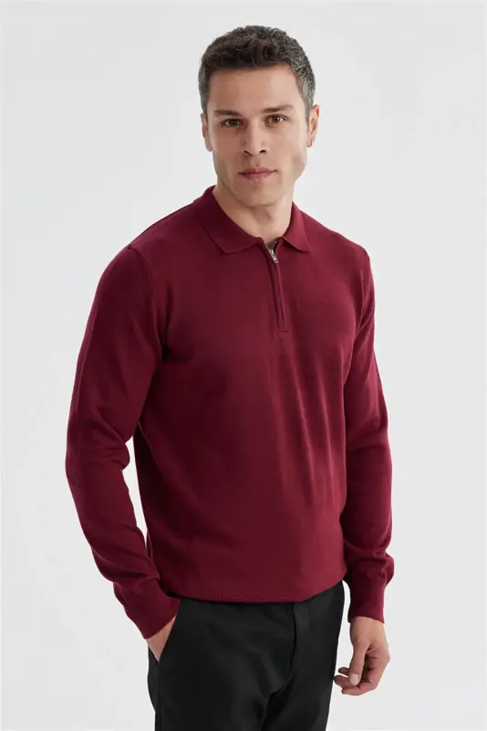 Burgundy Slim Fit Cotton Patterned Zippered Polo Neck Knit Sweater - JAKAMEN