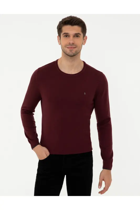 Burgundy Slim Fit Crew Neck Basic Knit Sweater 50248582-VR014 - Burgundy - 1