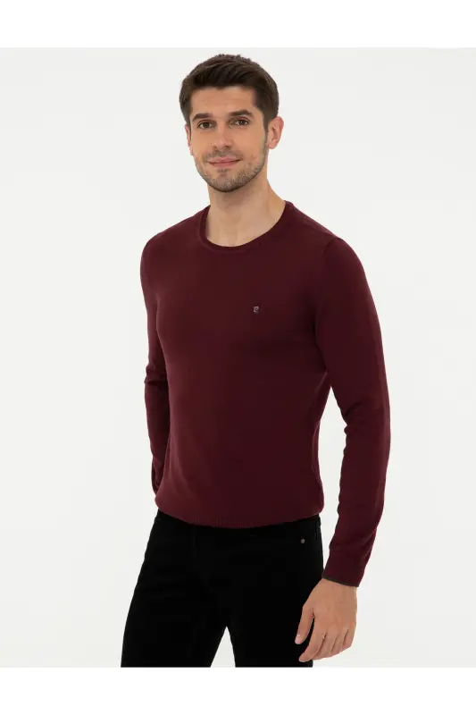 Burgundy Slim Fit Crew Neck Basic Knit Sweater 50248582-VR014 - Burgundy - 3