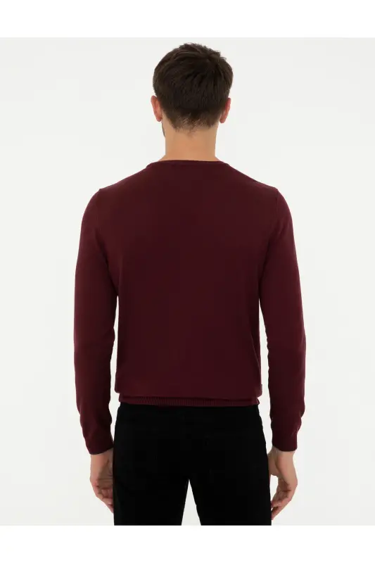 Burgundy Slim Fit Crew Neck Basic Knit Sweater 50248582-VR014 - Burgundy - 4