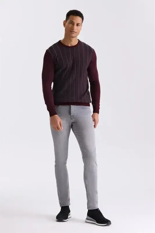 Burgundy Slim Fit Crewneck Striped Knitted Sweater - 3