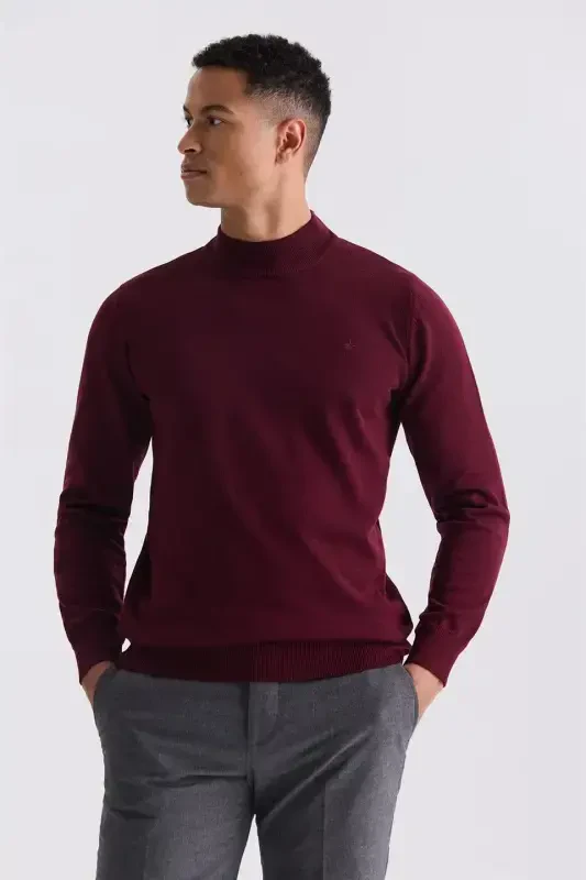 Burgundy Slim Fit Mock Neck Knit Sweater - Modazone