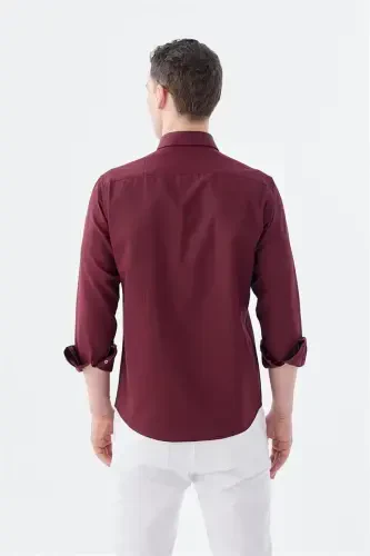 Burgundy Slim Fit Patterned Button-Down Collar Cotton Shirt - 4