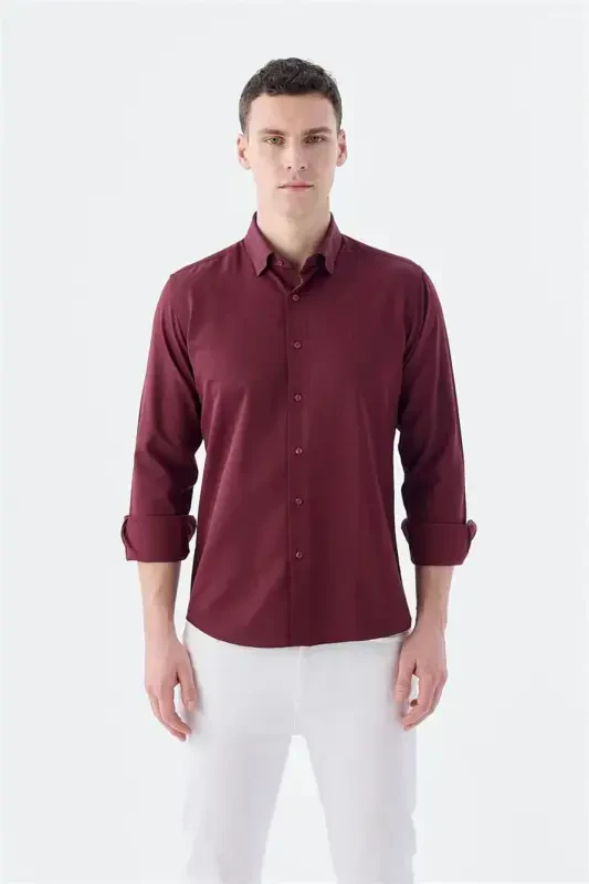Burgundy Slim Fit Patterned Cotton Button-Down Shirt - 1