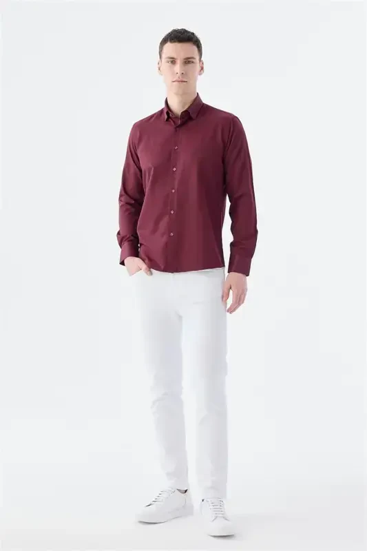 Burgundy Slim Fit Patterned Cotton Button-Down Shirt - 2