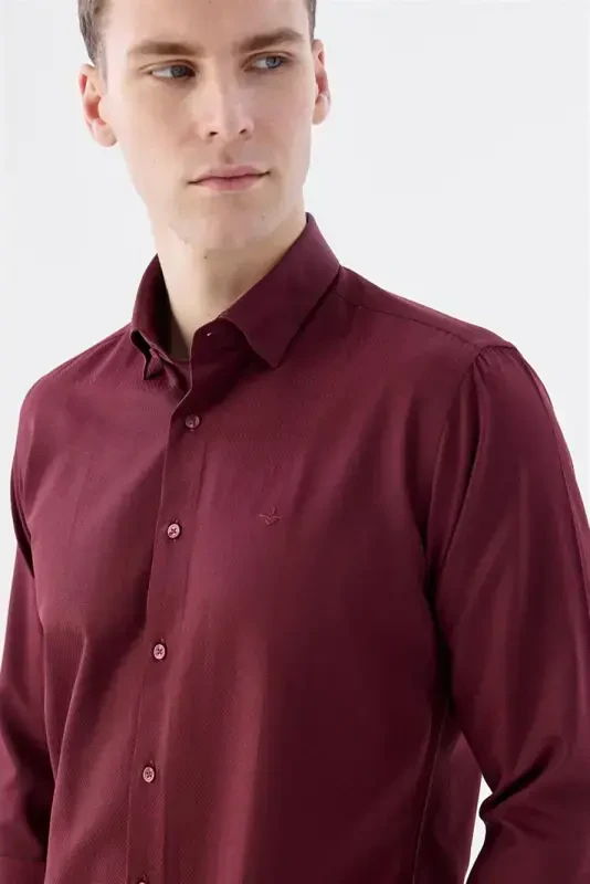 Burgundy Slim Fit Patterned Cotton Button-Down Shirt - 3