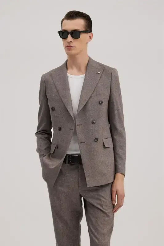 Burgundy Slim Fit Plaid Double Breasted Suit - JAKAMEN