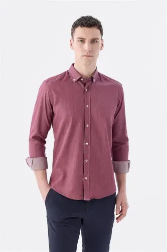 Bordo Slim Fit Cepli Düğmeli Yaka %100 Pamuk Gömlek - 1