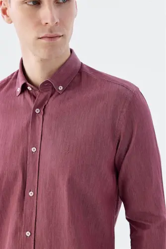 Bordo Slim Fit Cepli Düğmeli Yaka %100 Pamuk Gömlek - 3