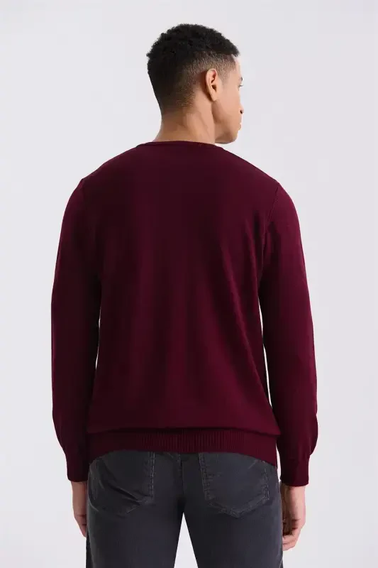 Burgundy Slim Fit V-Neck Knitted Pullover - 4