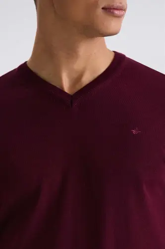 Burgundy Slim Fit V-Neck Knitted Pullover - 3