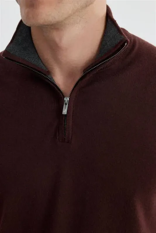 Burgundy Slim Fit Zip-Up High Neck Knitted Sweater - 3