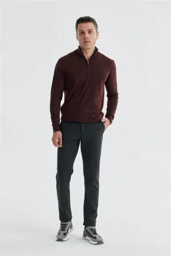 Burgundy Slim Fit Zip-Up Mock Neck Sweater - Modazone