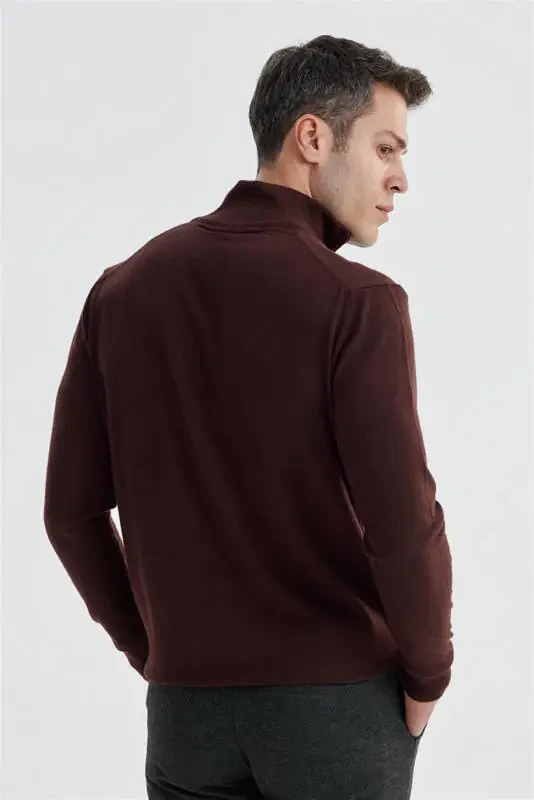 Burgundy Slim Fit Zip-Up Mock Neck Sweater - 4