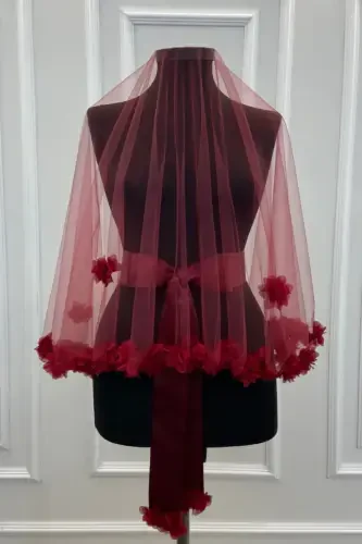 Burgundy Three Dimensional Bridal Veil Set-Burgundy - 1