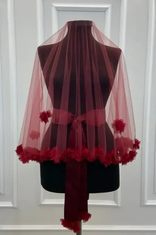 Burgundy Three Dimensional Bridal Veil Set-Burgundy - 1