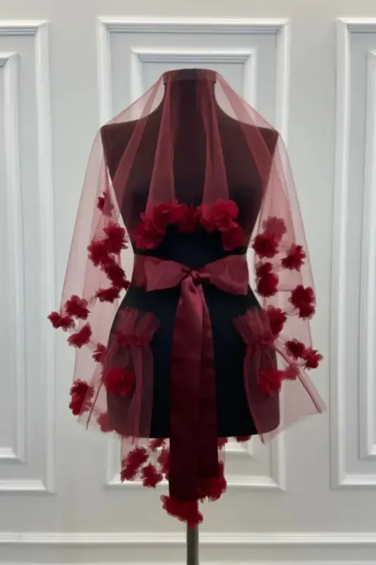 Burgundy Three Dimensional Bridal Veil Set-Burgundy - 2