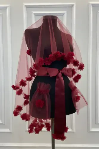Burgundy Three Dimensional Bridal Veil Set-Burgundy - 3